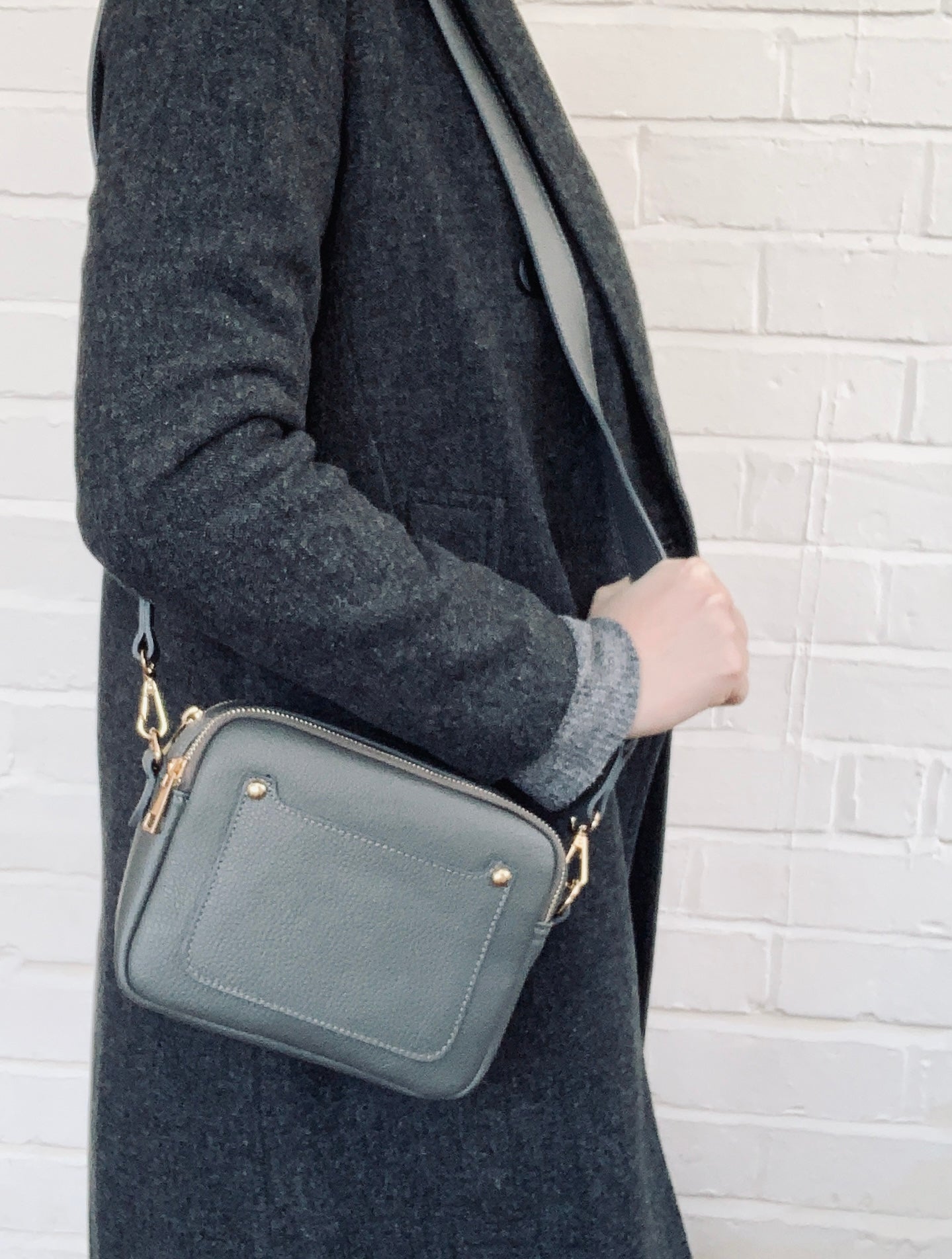 Dark Grey Leather Double Zip Bag - Victoria