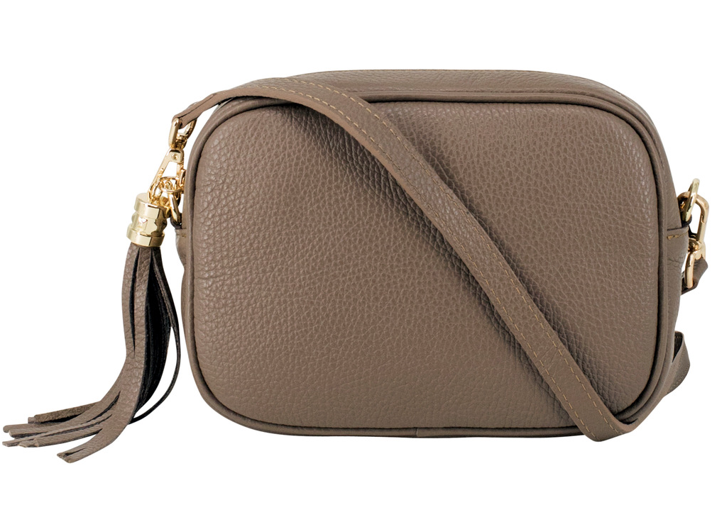 Dark Taupe Leather Crossbody Bag With Tassel - Darcy