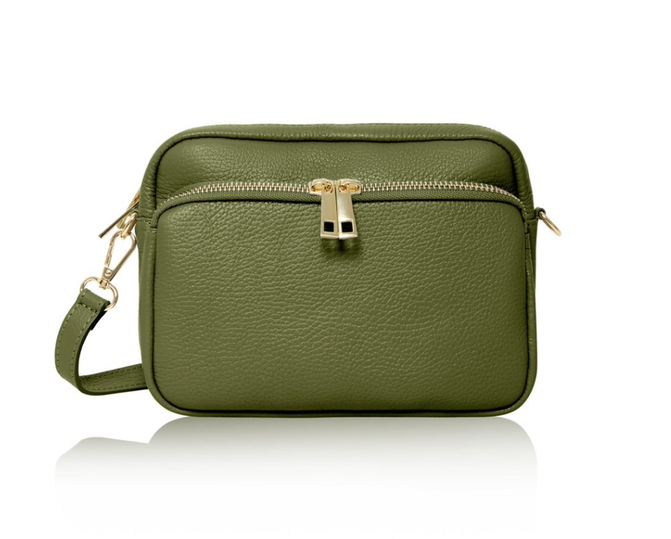 Olive Green Leather Bag With Large Front Pocket - Robin