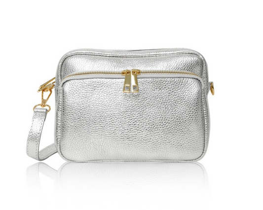 Silver Leather Bag With Large Front Pocket - Robin