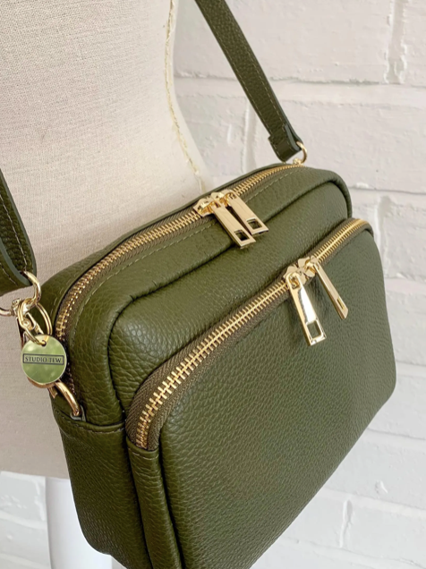 Olive Green Leather Bag With Large Front Pocket - Robin