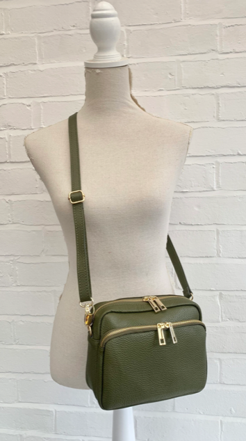 Olive Green Leather Bag With Large Front Pocket - Robin