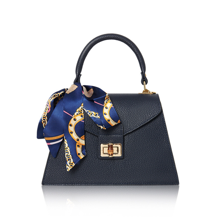 Navy Leather Bag With Scarf Detail - Beatrice