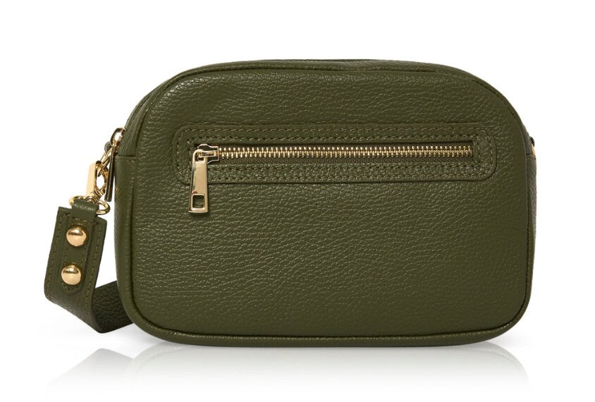 Olivgrüne Leder-Umhängetasche, Tasche mit doppeltem Reißverschlussfach, Tasche mit Taschen, Damen-Lederhandtasche, Mama-Geschenk, stilvolle Tasche